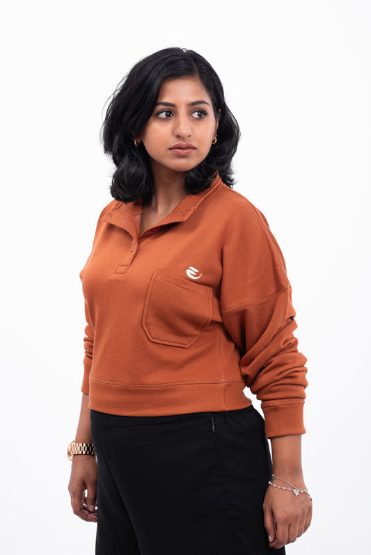 Oversized Button Up Sweatshirt - Rust Brown