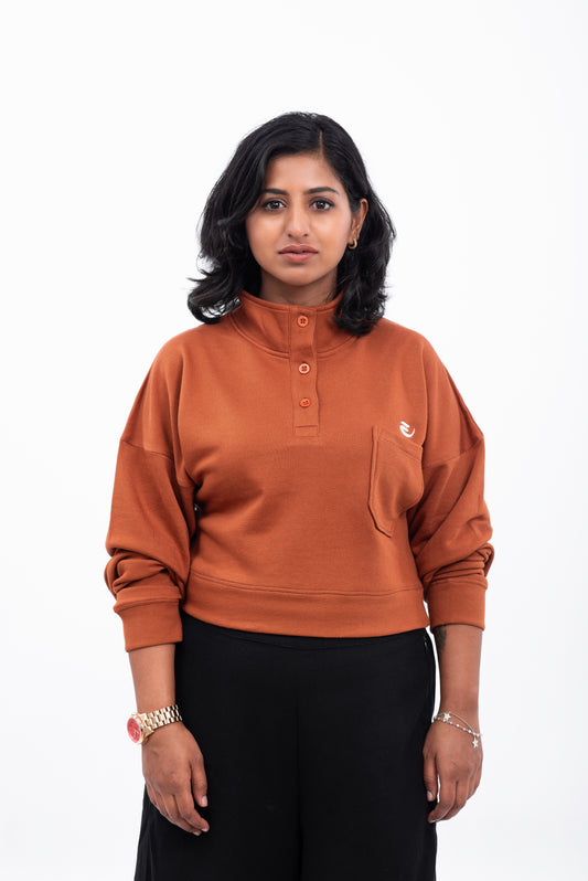 Oversized Button Up Sweatshirt - Rust Brown