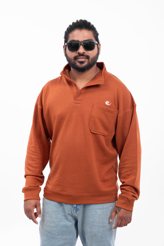 Oversized Button Up Sweatshirt - Rust Brown