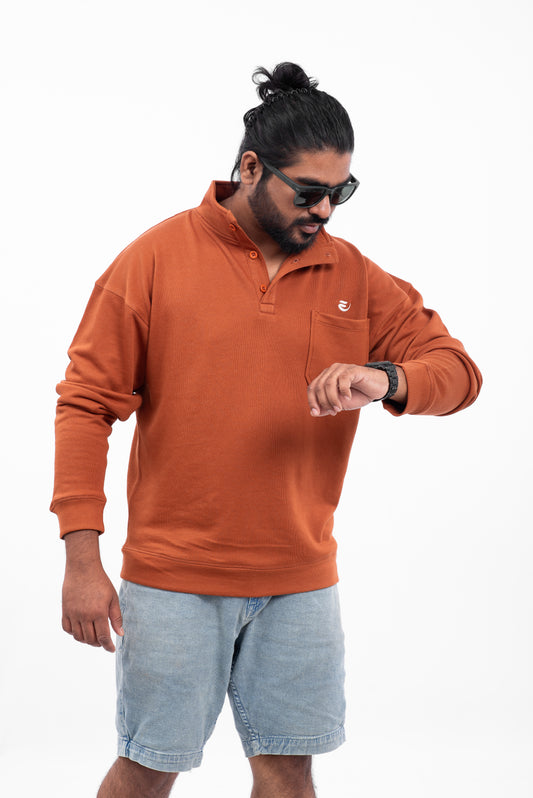 Oversized Button Up Sweatshirt - Rust Brown
