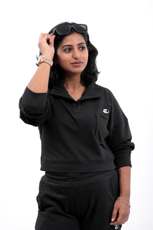 Oversized Button Up Sweatshirt - Black