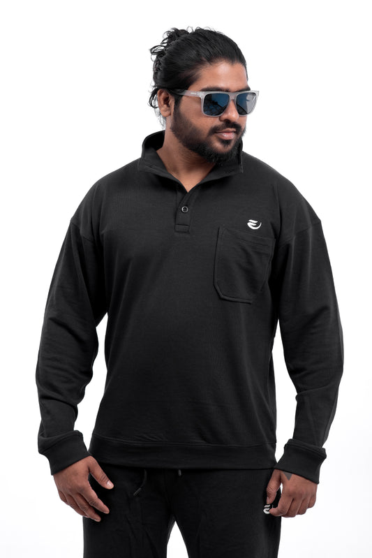 Oversized Button Up Sweatshirt - Black