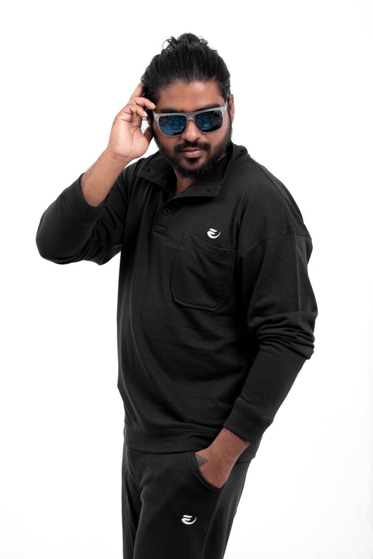 Oversized Button Up Sweatshirt - Black